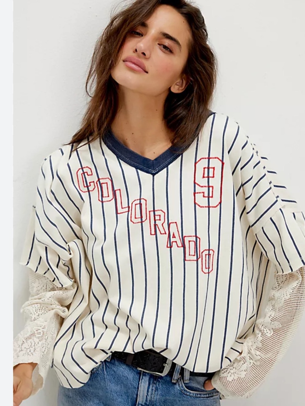 Free People Twofer Cream Pinstripe 'Colorado 9' Baseball Style Top